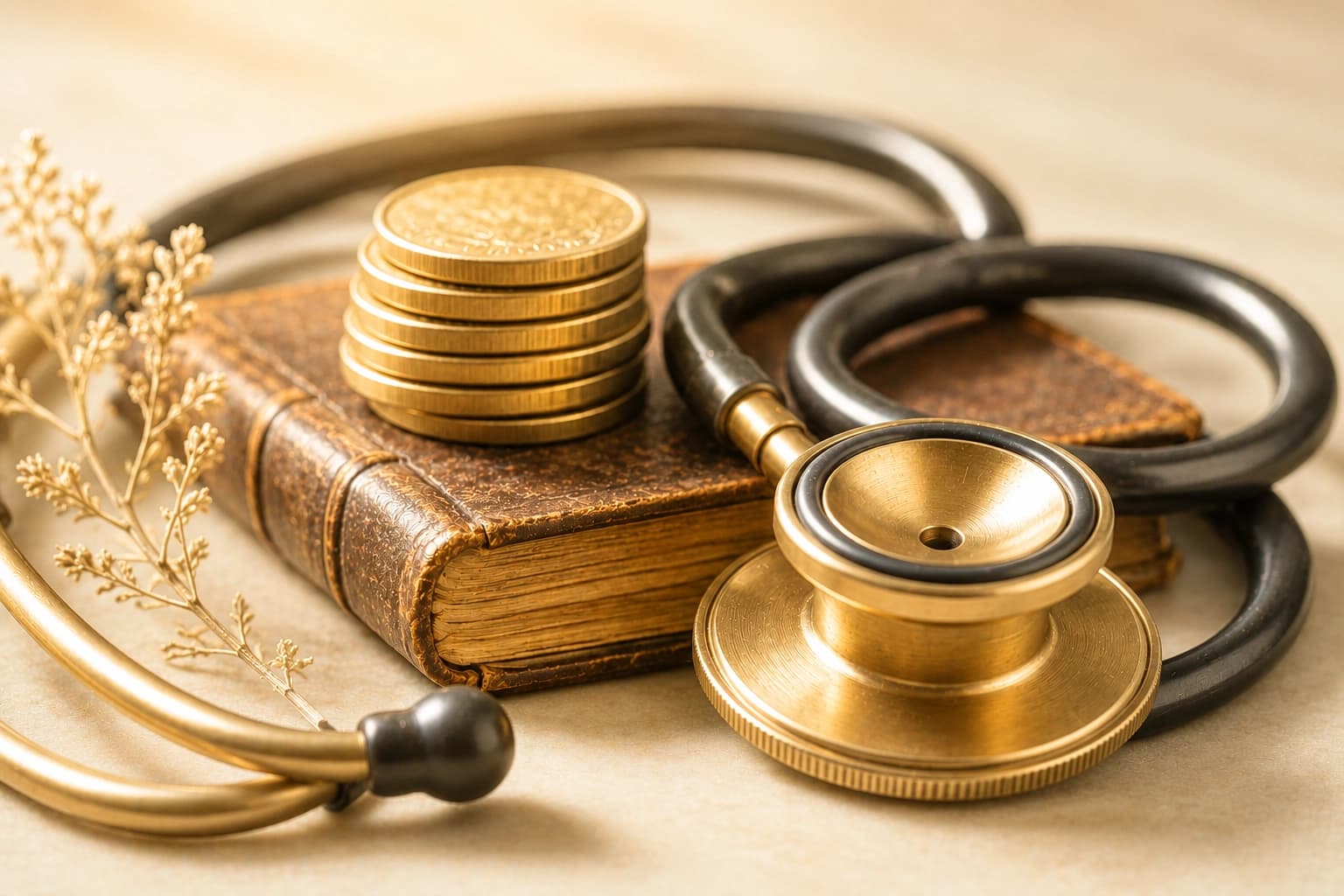 Stethoscope coiled around a ledger and coin stack symbolising post-retirement medical fund mechanics
