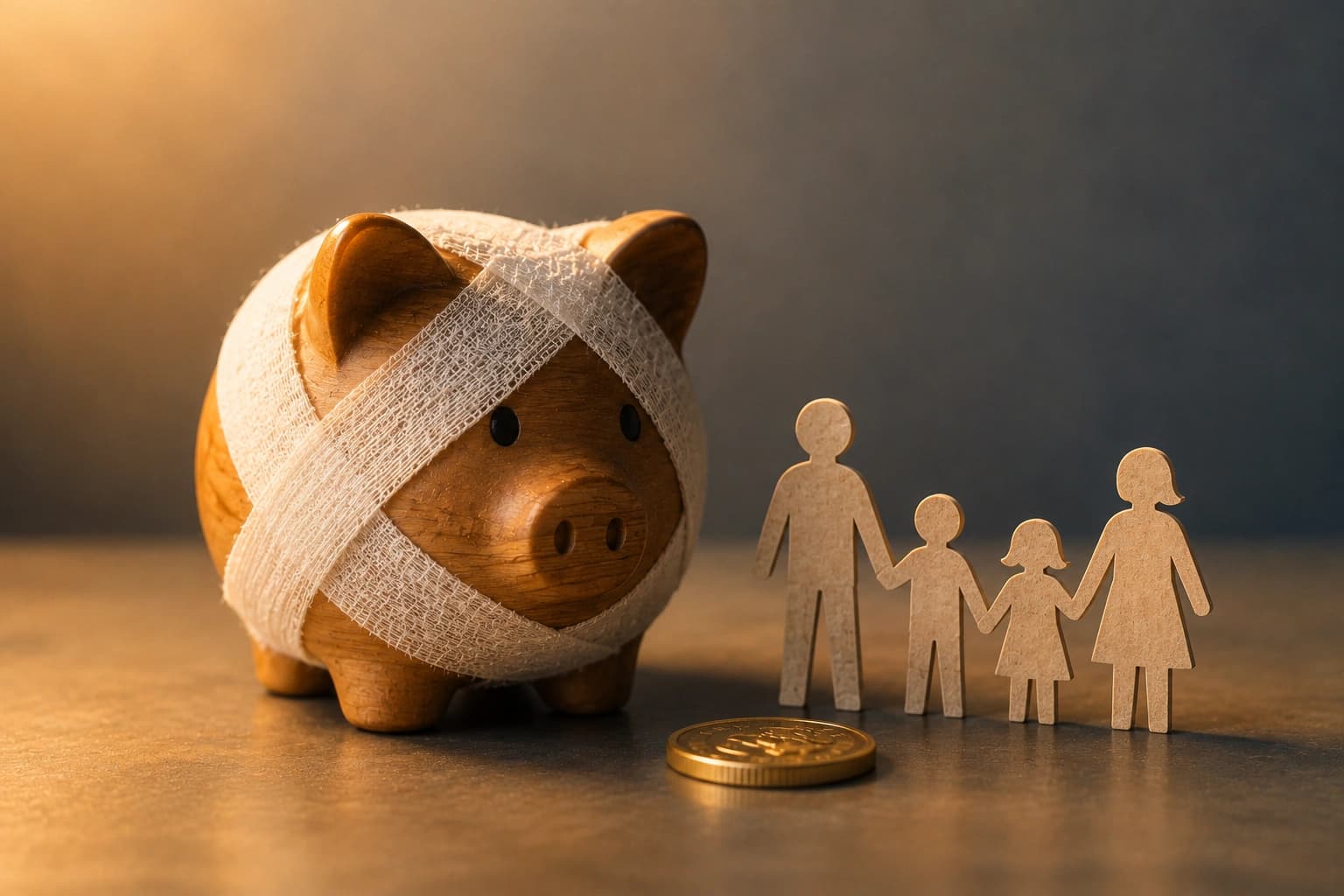 A wrapped piggy bank beside a small coin symbolising tax-relieved medical savings covering a family